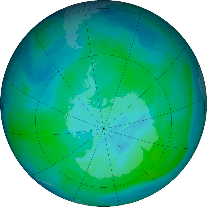 Antarctic ozone map for 06 January 2016